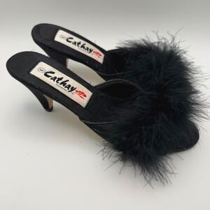 VTG Y2K Cathay Fashion Black Feather Kitten Heels 90s Classic Open Toe SZ 6